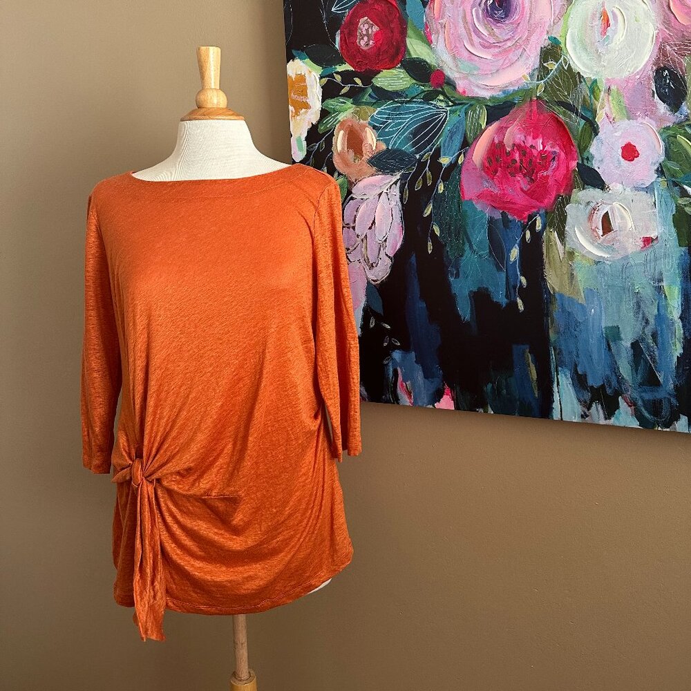 Andrea Jovine Burnt Orange 100% Linen Tie Front Top Size Large